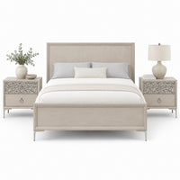 Queen Bedroom Set, Natural Oak Brown, Silver, Champagne Wood, 3 Piece Set with 2 Nightstands