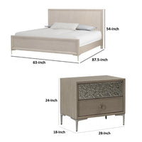 Queen Bedroom Set, Natural Oak Brown, Silver, Champagne Wood, 3 Piece Set with 2 Nightstands