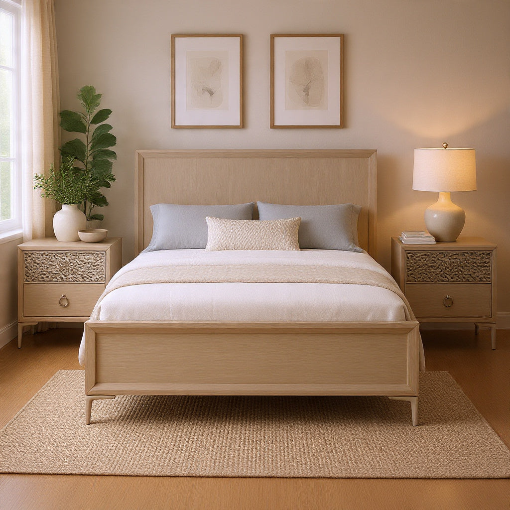 Queen Bedroom Set, Natural Oak Brown, Silver, Champagne Wood, 3 Piece Set with 2 Nightstands
