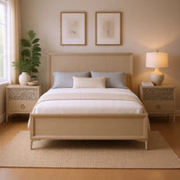 Queen Bedroom Set, Natural Oak Brown, Silver, Champagne Wood, 3 Piece Set with 2 Nightstands