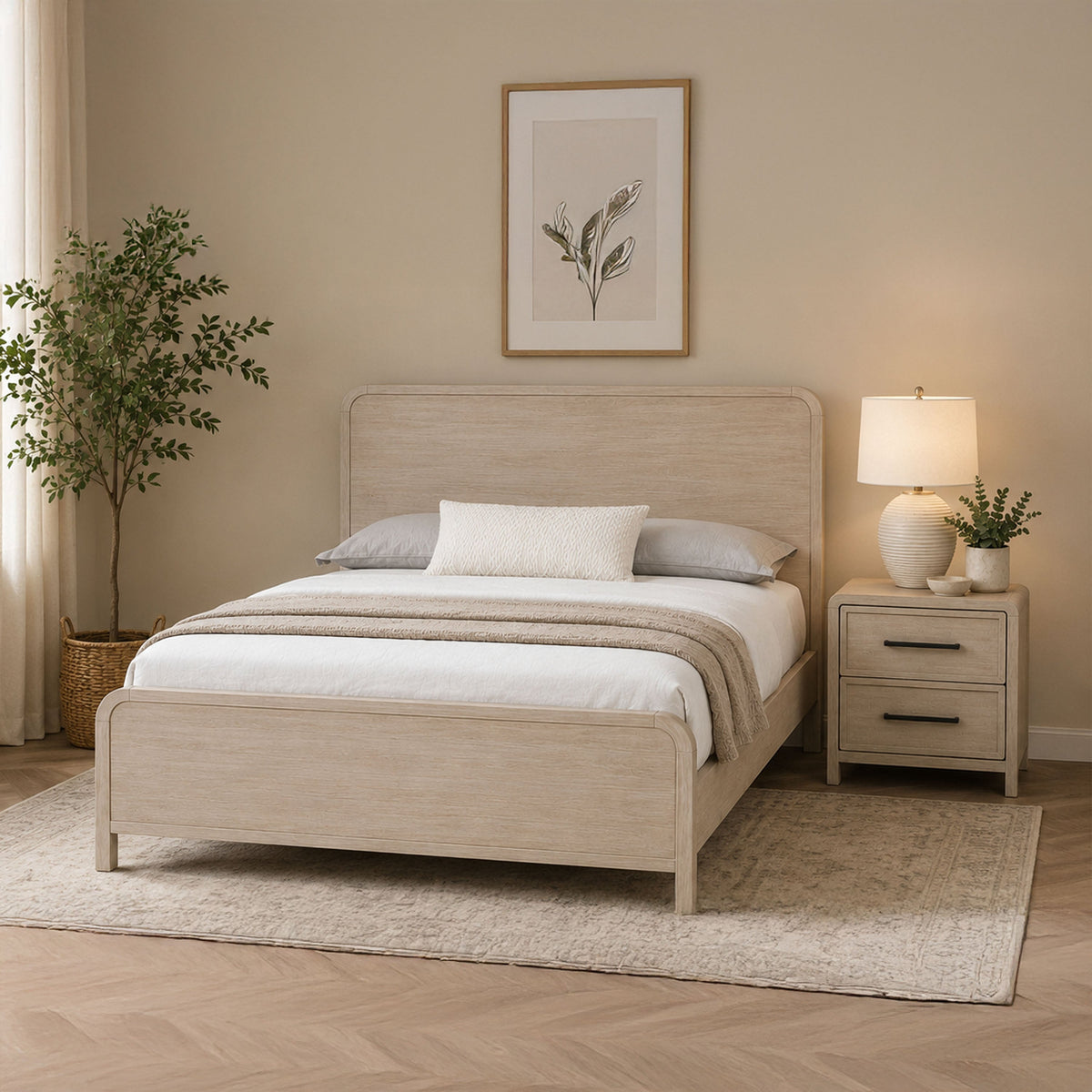 Queen Bedroom Set, Natural Oak Beige Brown Wood, 2 Piece Set with Nightstand-BM354381