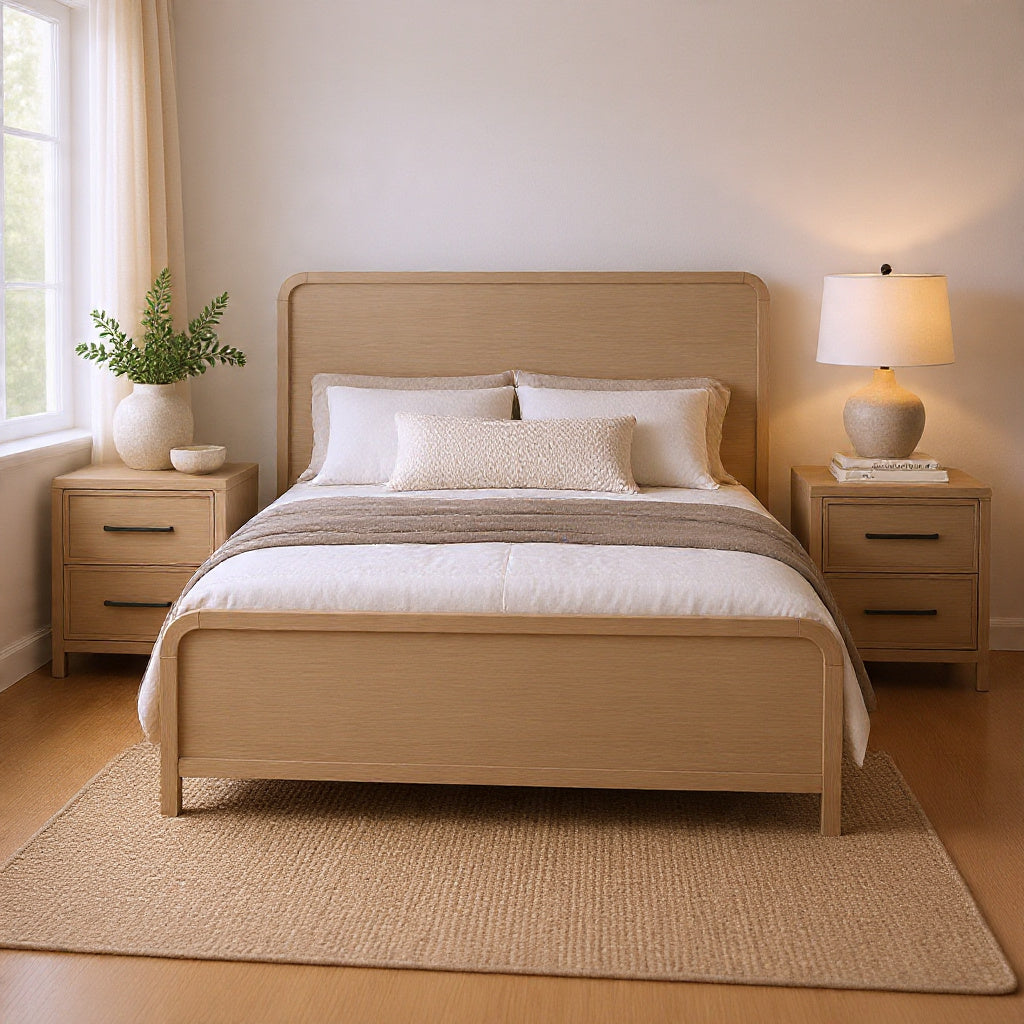 Queen Bedroom Set, Natural Oak Beige Brown Wood, 3 Piece Set with 2 Nightstands-BM354382
