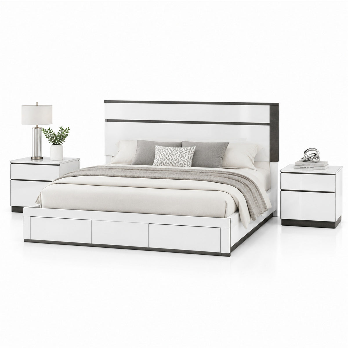 Queen Bedroom Set, White, Metallic Gray Wood, 3 Piece Set with 2 Nightstands