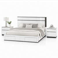 Queen Bedroom Set, White, Metallic Gray Wood, 3 Piece Set with 2 Nightstands