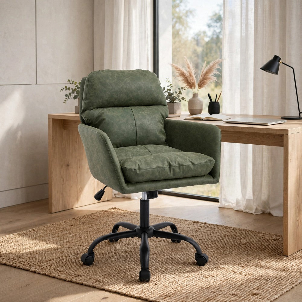 Limz Swivel Office Chair, Adjustable Height, Foam Fill Green Faux Leather