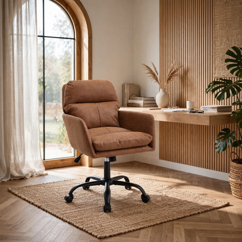 Limz Swivel Office Chair, Adjustable Height, Foam Fill Brown Faux Leather