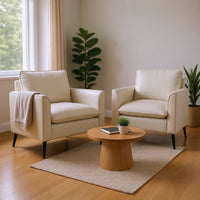 Pimi Sofa Chair Set of 2, Cream White Faux Leather, Retro Black Legs