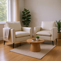 Pimi Sofa Chair Set of 2, Cream White Faux Leather, Retro Black Legs