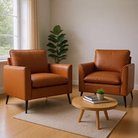 Pimi Sofa Chair Set of 2, Brown Faux Leather, Retro Style Black Legs