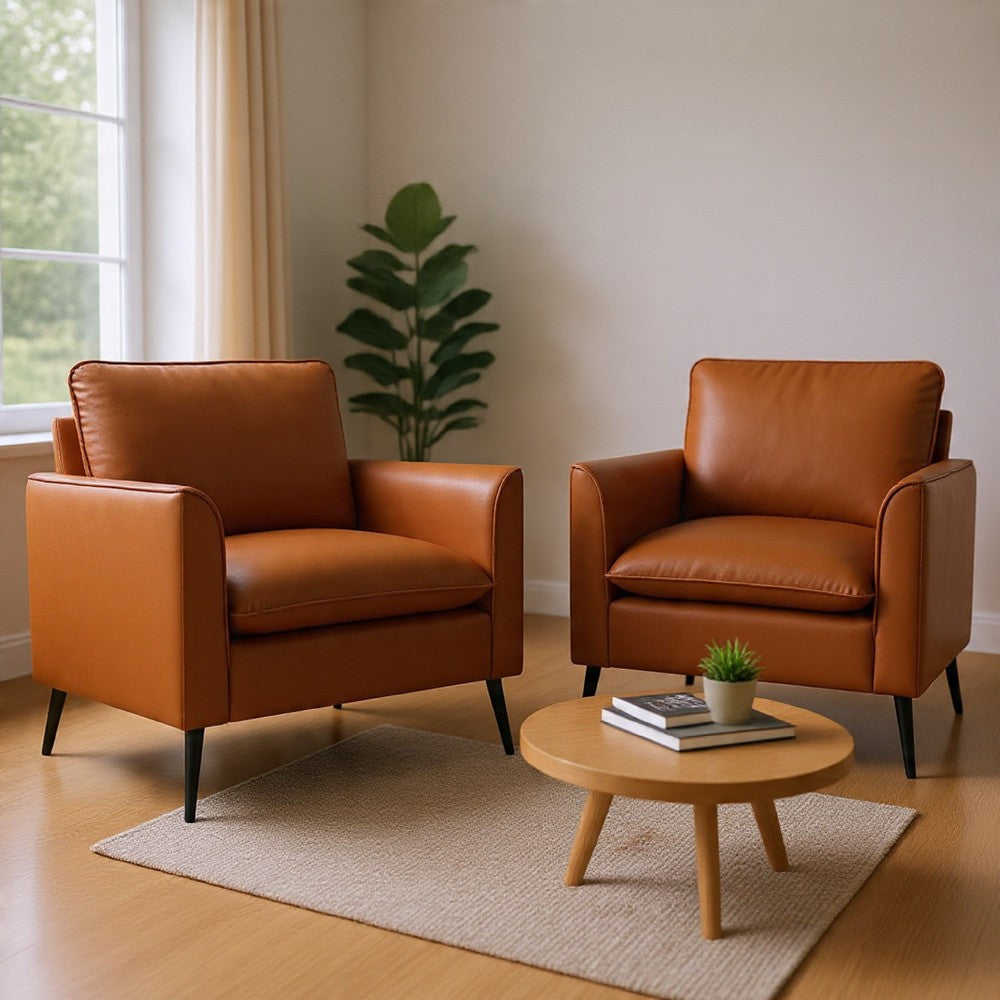 Pimi Sofa Chair Set of 2, Brown Faux Leather, Retro Style Black Legs