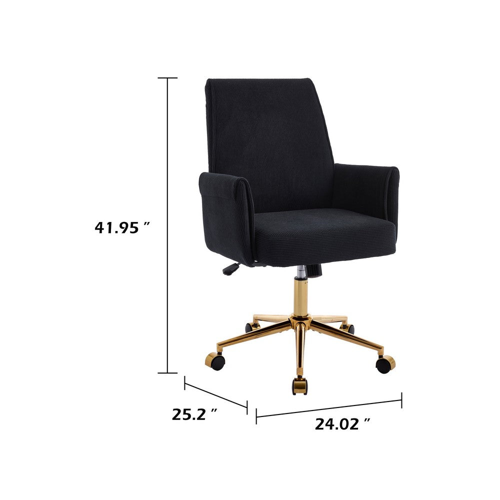 Vena Liftable Office Chair, Memory Foam Black Corduroy, Gold Metal Base