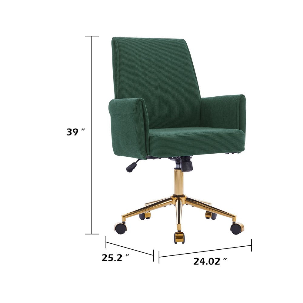 Vena Liftable Office Chair, Memory Foam Green Corduroy, Gold Metal Base