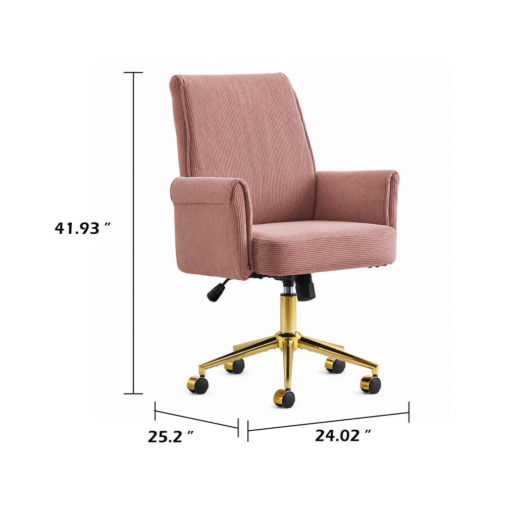 Vena Liftable Office Chair, Memory Foam Pink Corduroy, Gold Metal Base
