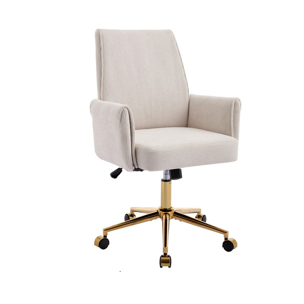 Vena Liftable Office Chair, Memory Foam White Corduroy, Gold Metal Base