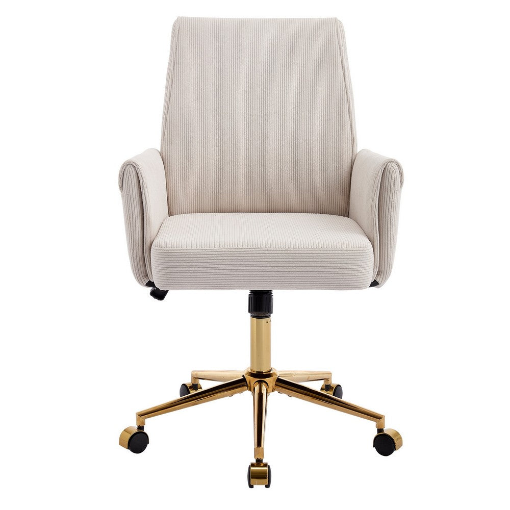 Vena Liftable Office Chair, Memory Foam White Corduroy, Gold Metal Base