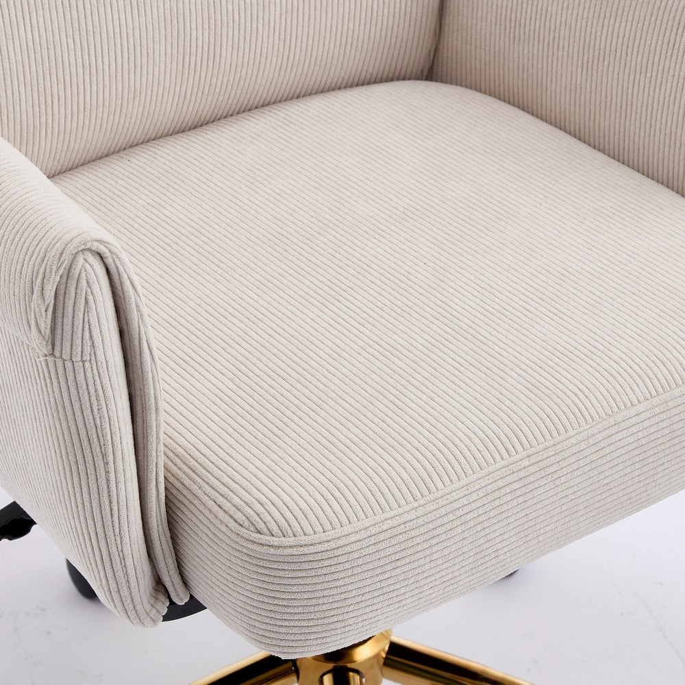 Vena Liftable Office Chair, Memory Foam White Corduroy, Gold Metal Base