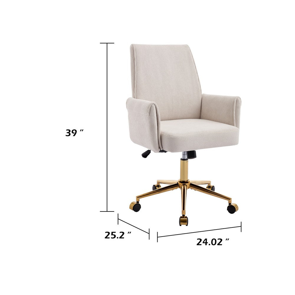 Vena Liftable Office Chair, Memory Foam White Corduroy, Gold Metal Base