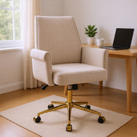 Vena Liftable Office Chair, Memory Foam White Corduroy, Gold Metal Base