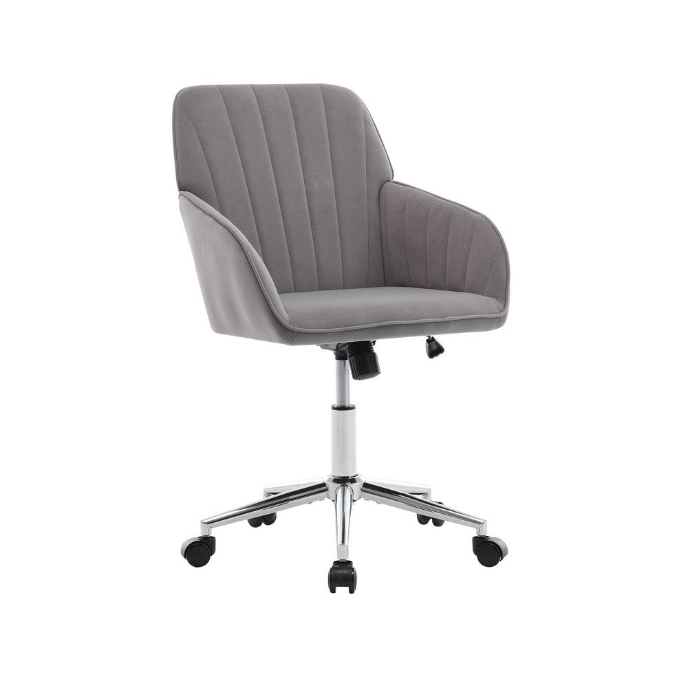 Arun Swivel Office Chair, Memory Foam, Tufted Gray Velvet, Silver Metal