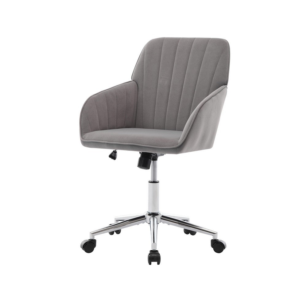 Arun Swivel Office Chair, Memory Foam, Tufted Gray Velvet, Silver Metal