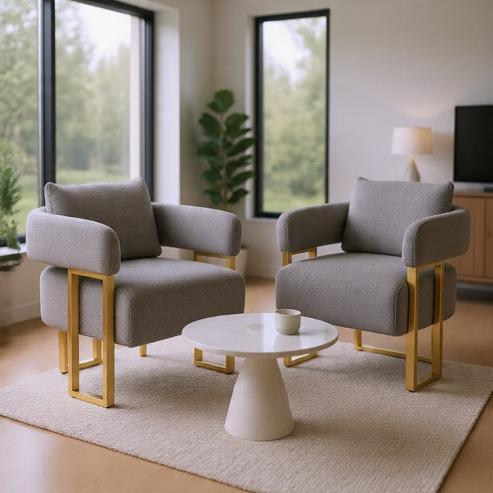Jiya Accent Club Chair Set of 2, Sponge Fill Gray Teddy Fleece, Gold Legs