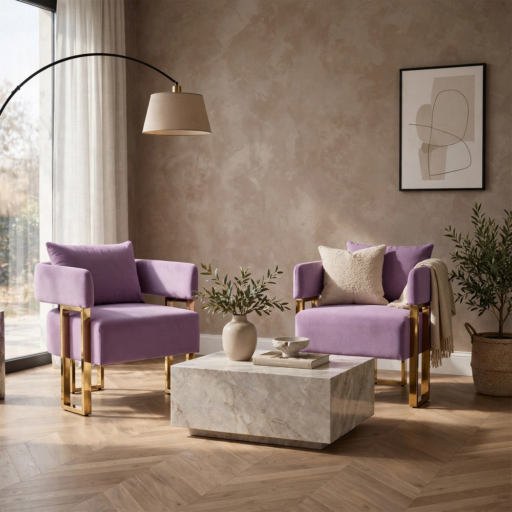 Jiya Accent Club Chair Set of 2, Sponge Fill Lilac Purple Velvet, Gold Legs