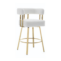 Fara Barstool Chair Set of 2, Foam Fill White Teddy Fleece, Gold Metal