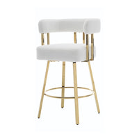 Fara Barstool Chair Set of 2, Foam Fill White Teddy Fleece, Gold Metal