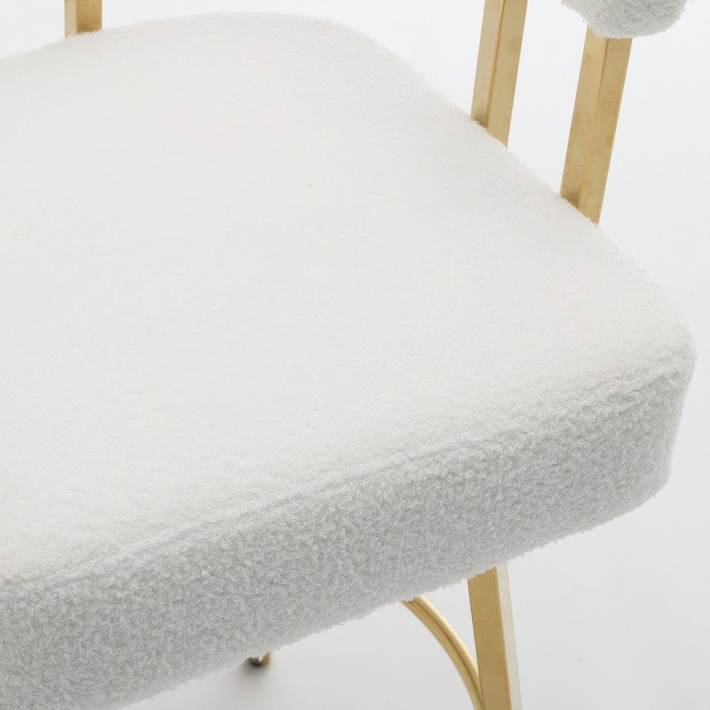 Fara Barstool Chair Set of 2, Foam Fill White Teddy Fleece, Gold Metal