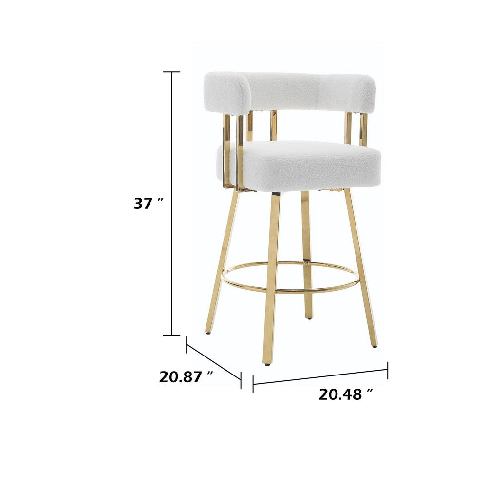 Fara Barstool Chair Set of 2, Foam Fill White Teddy Fleece, Gold Metal