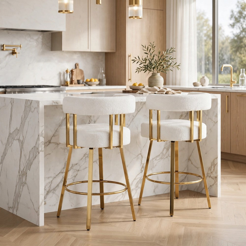 Fara Barstool Chair Set of 2, Foam Fill White Teddy Fleece, Gold Metal
