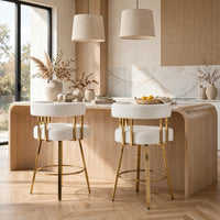 Fara Barstool Chair Set of 2, Foam Fill White Teddy Fleece, Gold Metal