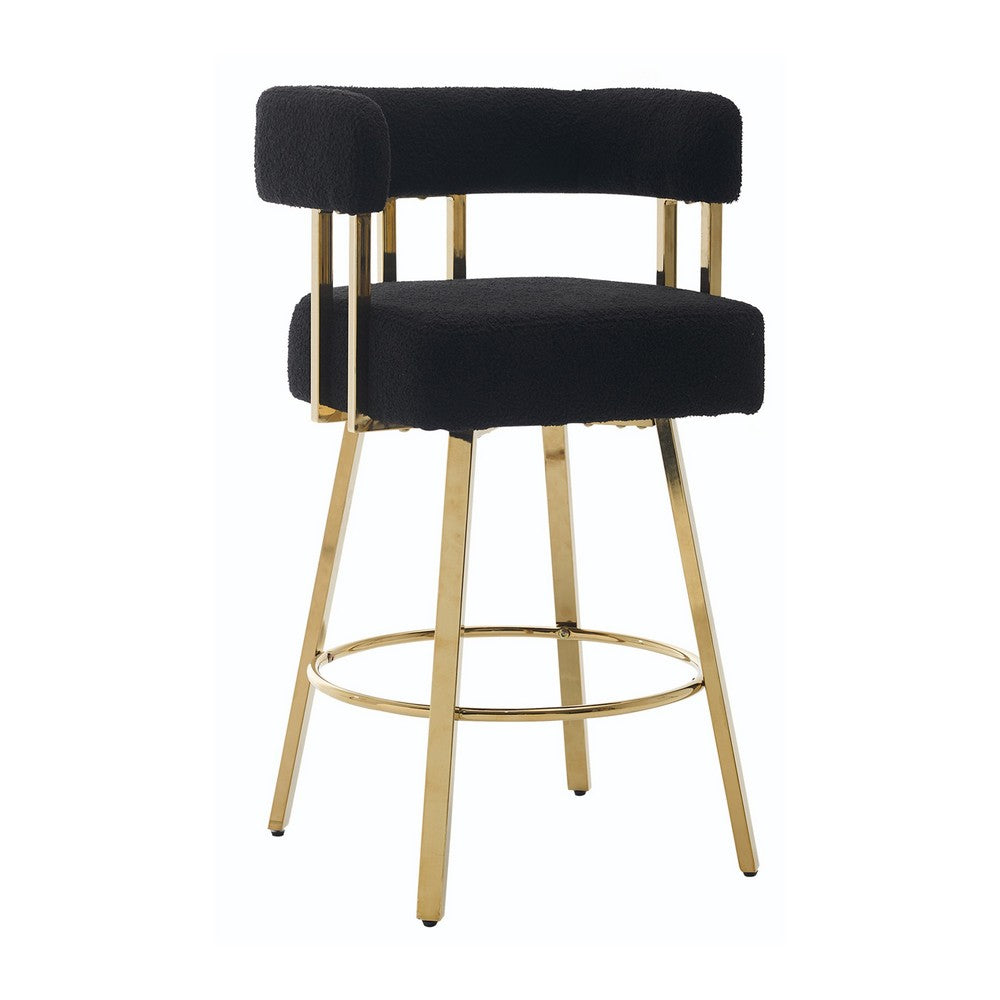 Fara Barstool Chair Set of 2, Foam Fill Black Teddy Fleece, Gold Metal