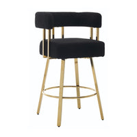 Fara Barstool Chair Set of 2, Foam Fill Black Teddy Fleece, Gold Metal