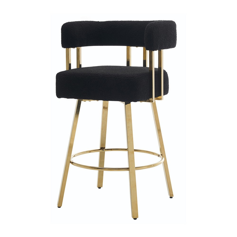 Fara Barstool Chair Set of 2, Foam Fill Black Teddy Fleece, Gold Metal
