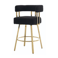 Fara Barstool Chair Set of 2, Foam Fill Black Teddy Fleece, Gold Metal