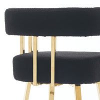 Fara Barstool Chair Set of 2, Foam Fill Black Teddy Fleece, Gold Metal