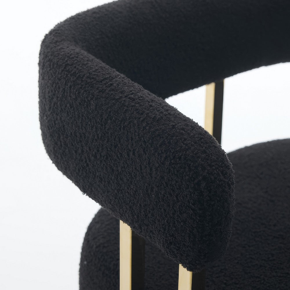 Fara Barstool Chair Set of 2, Foam Fill Black Teddy Fleece, Gold Metal