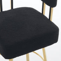 Fara Barstool Chair Set of 2, Foam Fill Black Teddy Fleece, Gold Metal