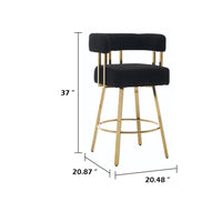 Fara Barstool Chair Set of 2, Foam Fill Black Teddy Fleece, Gold Metal