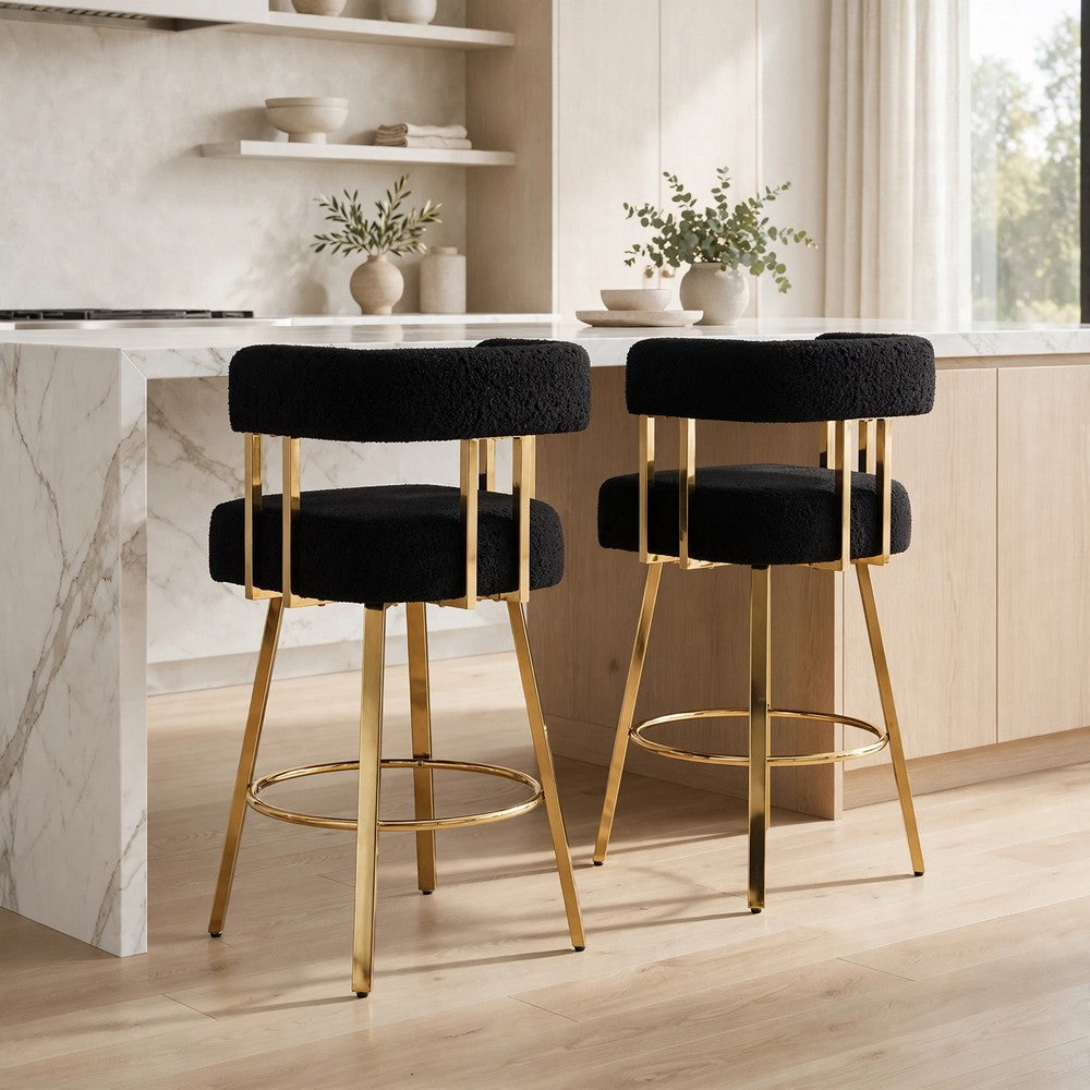 Fara Barstool Chair Set of 2, Foam Fill Black Teddy Fleece, Gold Metal