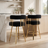 Fara Barstool Chair Set of 2, Foam Fill Black Teddy Fleece, Gold Metal