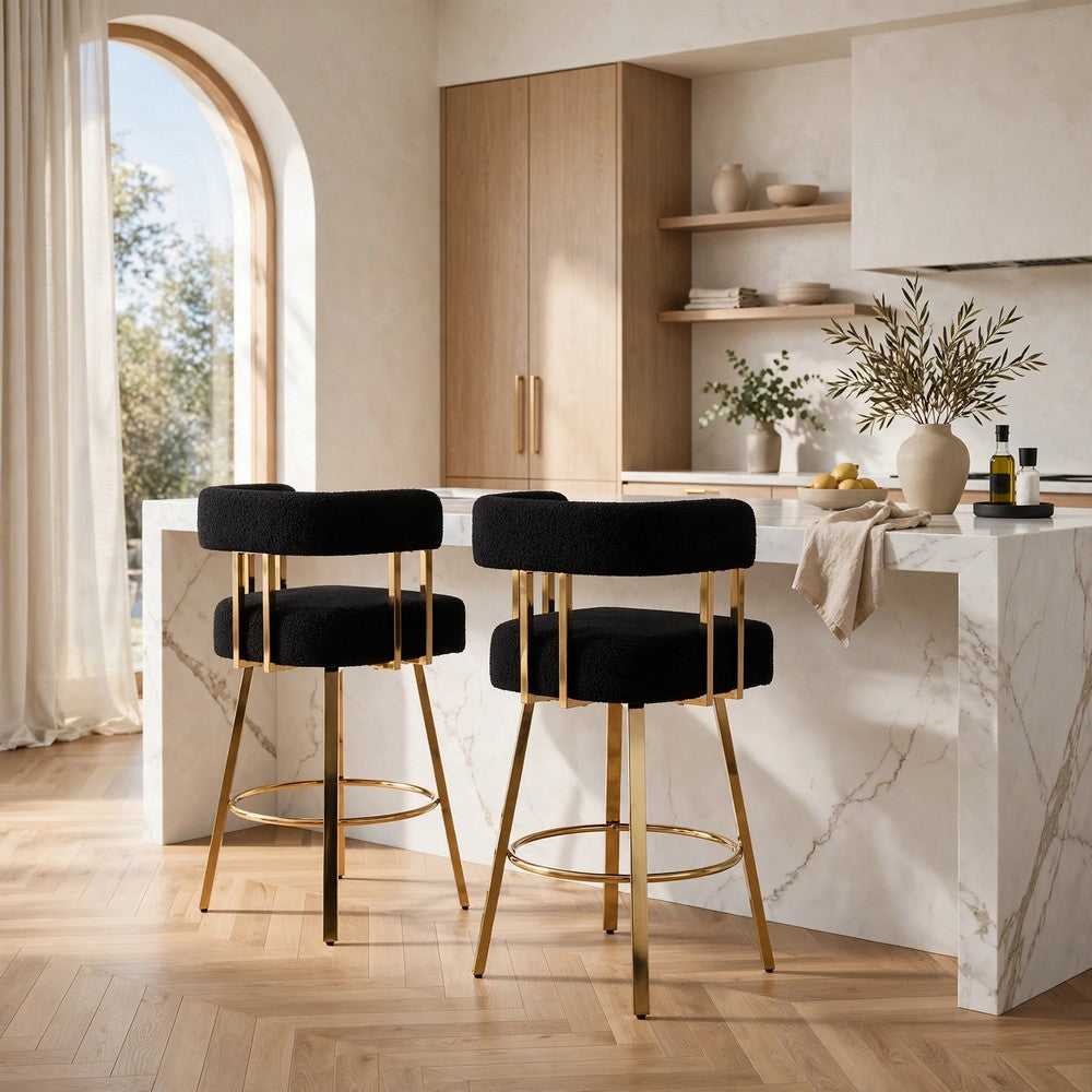 Fara Barstool Chair Set of 2, Foam Fill Black Teddy Fleece, Gold Metal
