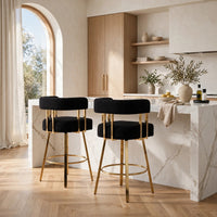 Fara Barstool Chair Set of 2, Foam Fill Black Teddy Fleece, Gold Metal
