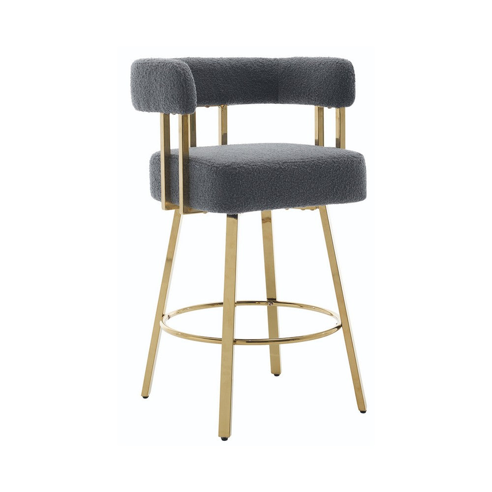 Fara Barstool Chair Set of 2, Foam Fill Gray Teddy Fleece, Gold Metal