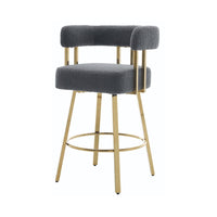Fara Barstool Chair Set of 2, Foam Fill Gray Teddy Fleece, Gold Metal