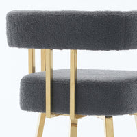 Fara Barstool Chair Set of 2, Foam Fill Gray Teddy Fleece, Gold Metal