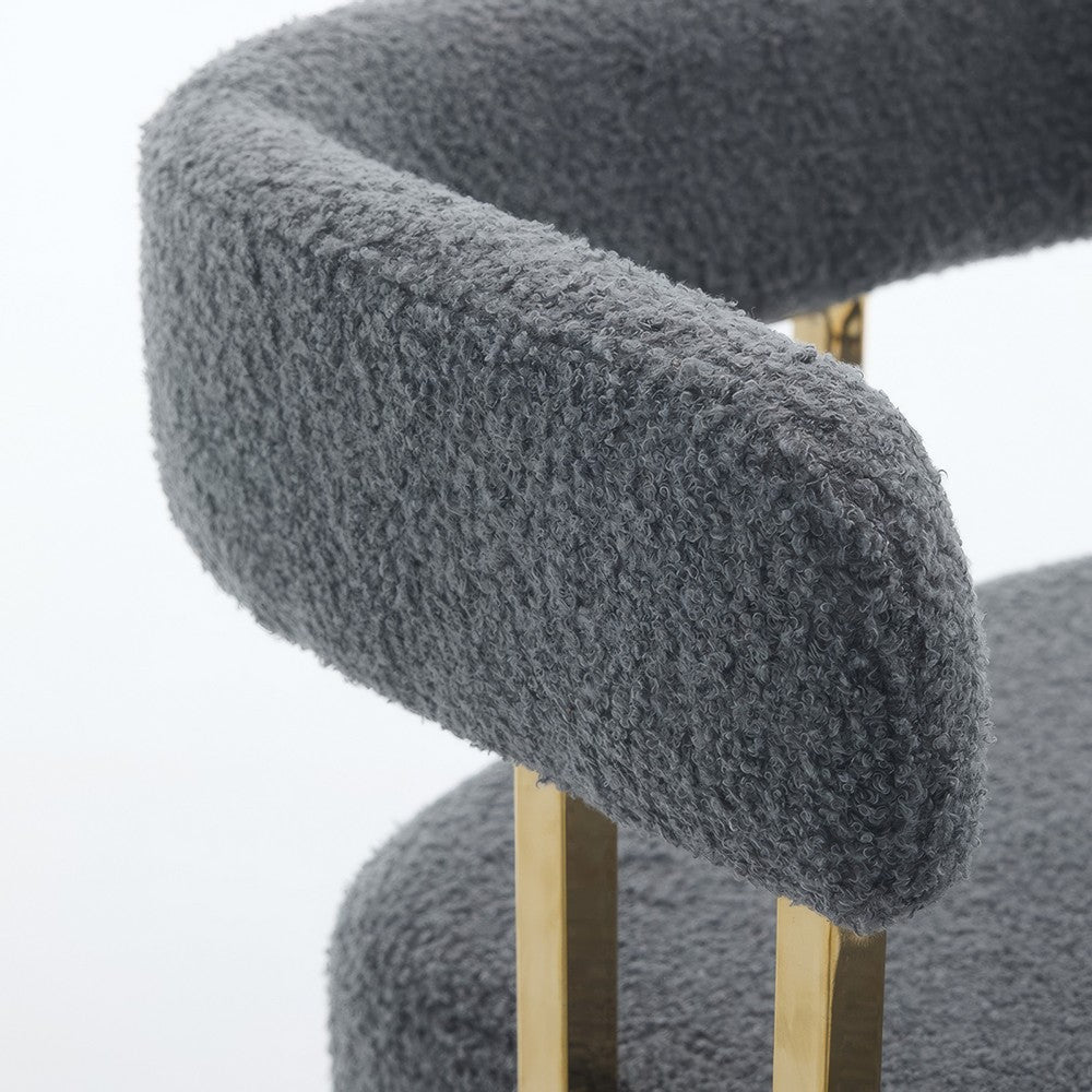 Fara Barstool Chair Set of 2, Foam Fill Gray Teddy Fleece, Gold Metal