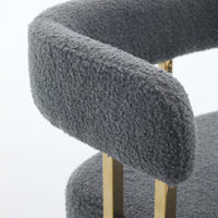 Fara Barstool Chair Set of 2, Foam Fill Gray Teddy Fleece, Gold Metal