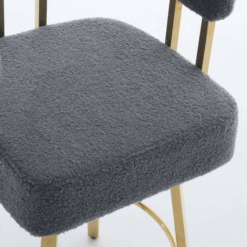 Fara Barstool Chair Set of 2, Foam Fill Gray Teddy Fleece, Gold Metal